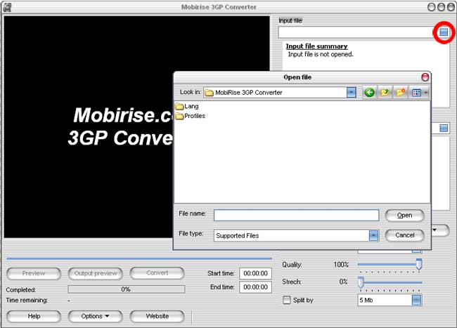 Opening the file in mpeg to 3gp video converter