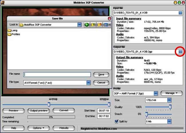 Avi to 3gp converter: Saving the file.