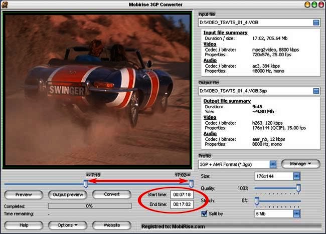 Mpeg to 3gp converter: Defining the start and end points.