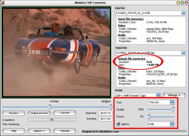 Adjusting output video file settings in MPEG to 3gp video converter